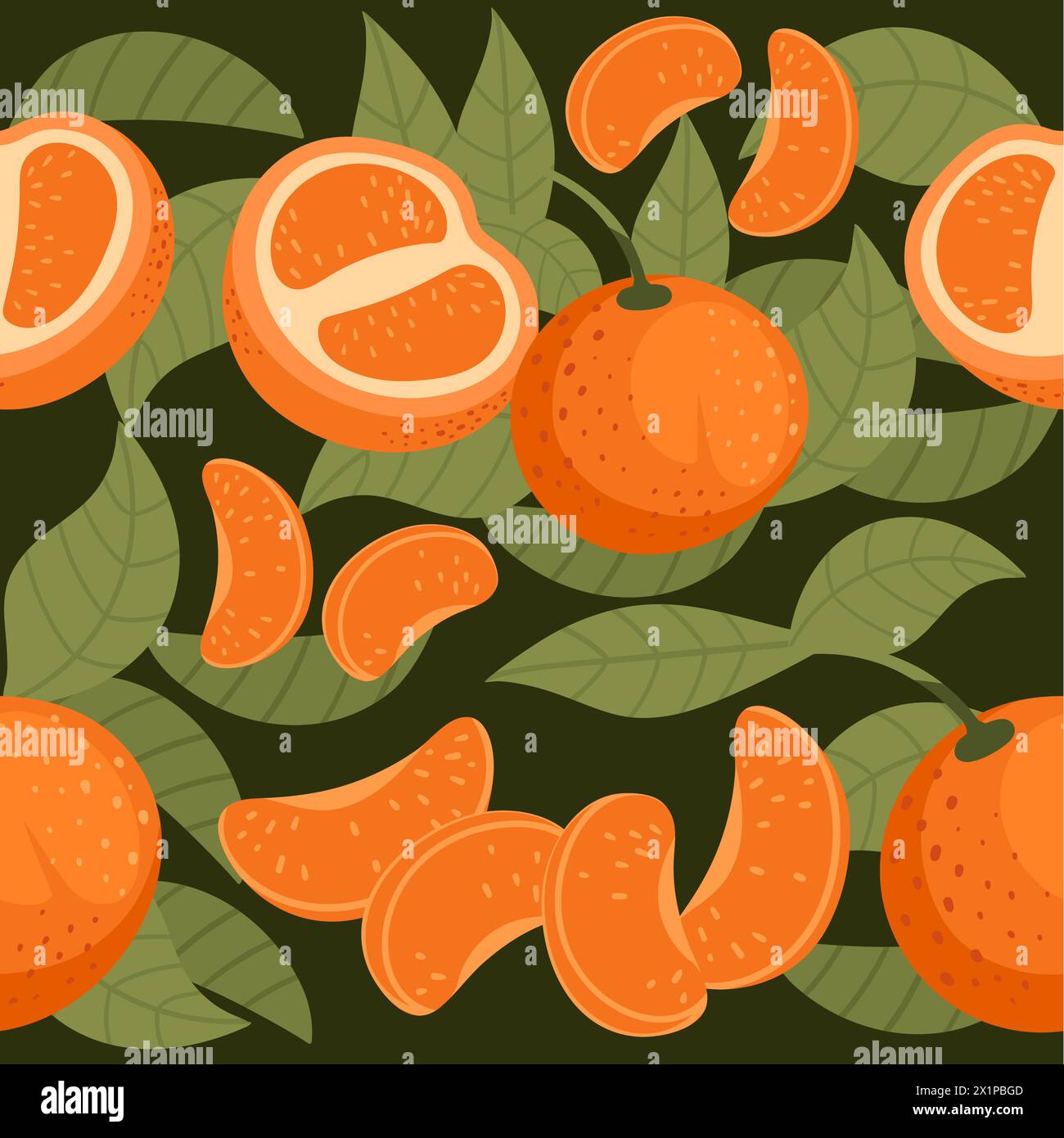 Seamless pattern of tasty tropic mandarin orange fruit citrus family with leaves vector illustration on green background Stock Vector