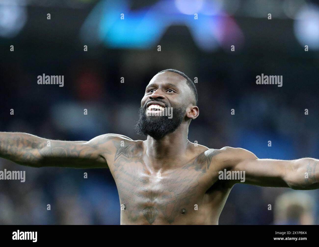 Etihad Stadium, Manchester, UK. 17th Apr, 2024. Champions League Football, Quarter Final, Manchester City versus Real Madrid; Antonio Rudiger of Real Madrid celebrates with the visiting supporters Credit: Action Plus Sports/Alamy Live News Stock Photo
