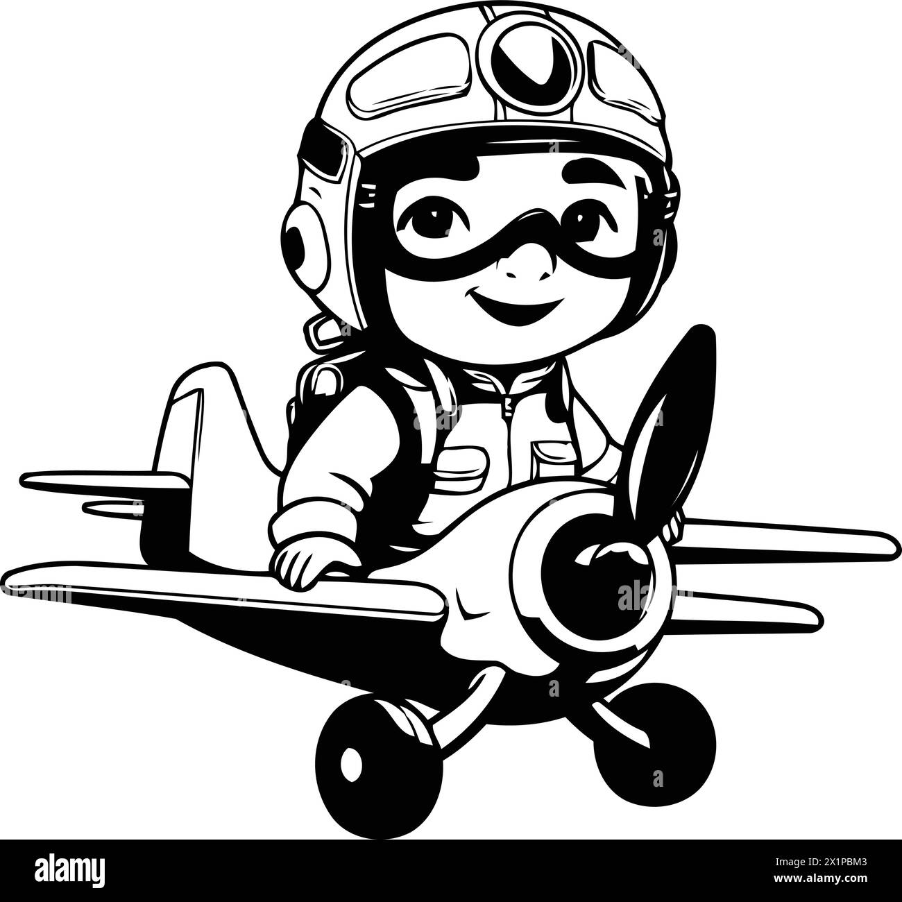 Vector illustration of a boy pilot in a helmet with a toy airplane