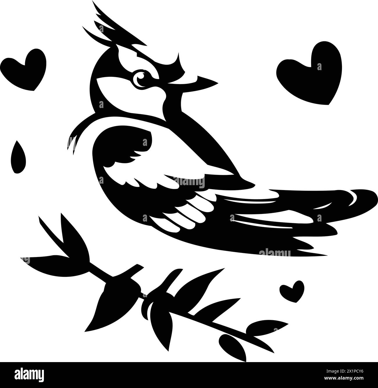 Blue jay bird with flowers and hearts isolated on white background. Vector illustration. Stock Vector