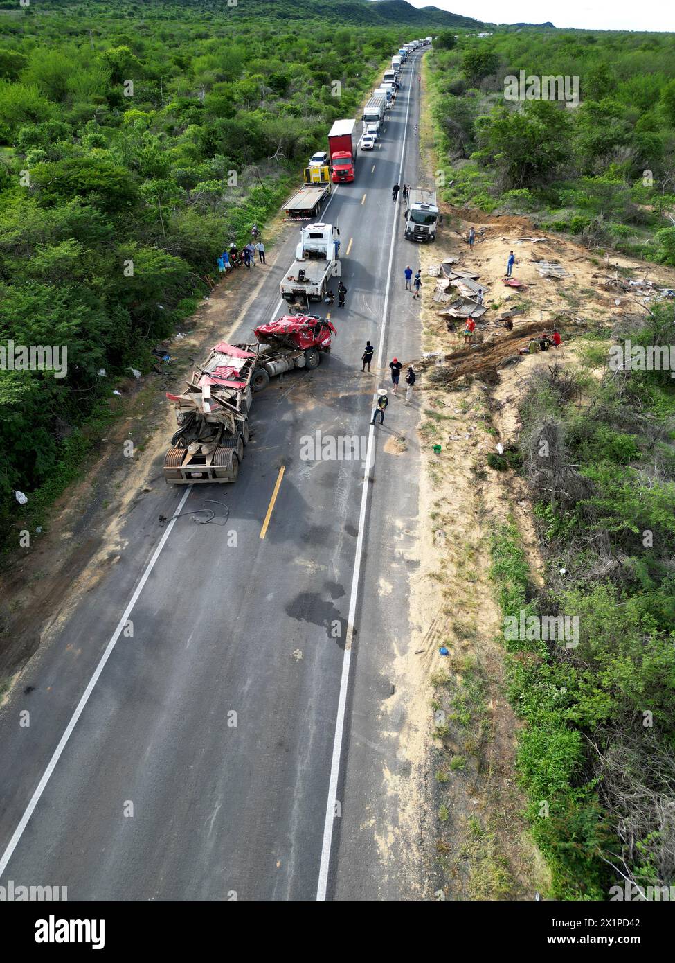ibotirama, bahia, brazil - february 2, 2024: aerial view of a truck accident on the BR 242 federal highway in the city of Ibotirama. Stock Photo