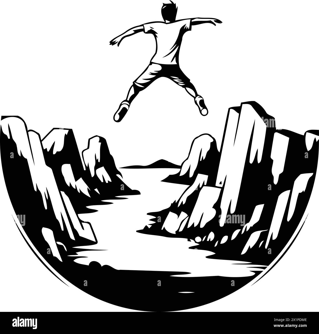 Man jumping from cliff into the sea. Vector illustration in retro style ...