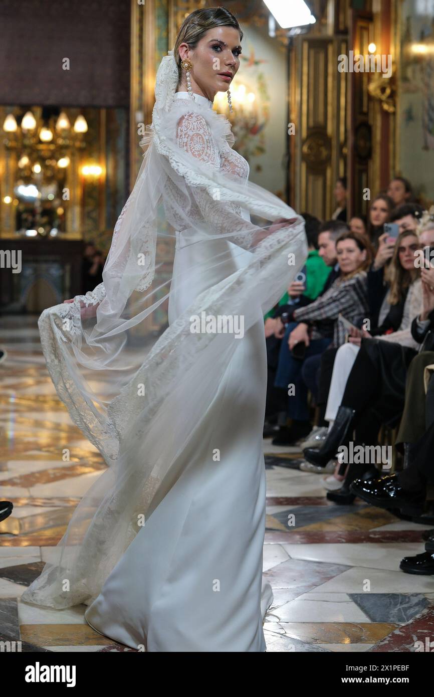 model showcases creations by LUCIA CANO during the Atelier Couture bridal catwalk within Madrid Fashion Week, at Santa Isabel Palace in Madrid. marzo, 2024 Spain Featuring: model Where: Madrid, Spain When: 12 Mar 2024 Credit: Oscar Gonzalez/WENN Stock Photo