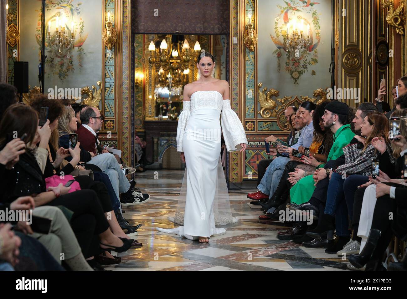 model showcases creations by LUCIA CANO during the Atelier Couture bridal catwalk within Madrid Fashion Week, at Santa Isabel Palace in Madrid. marzo, 2024 Spain Featuring: model Where: Madrid, Spain When: 12 Mar 2024 Credit: Oscar Gonzalez/WENN Stock Photo