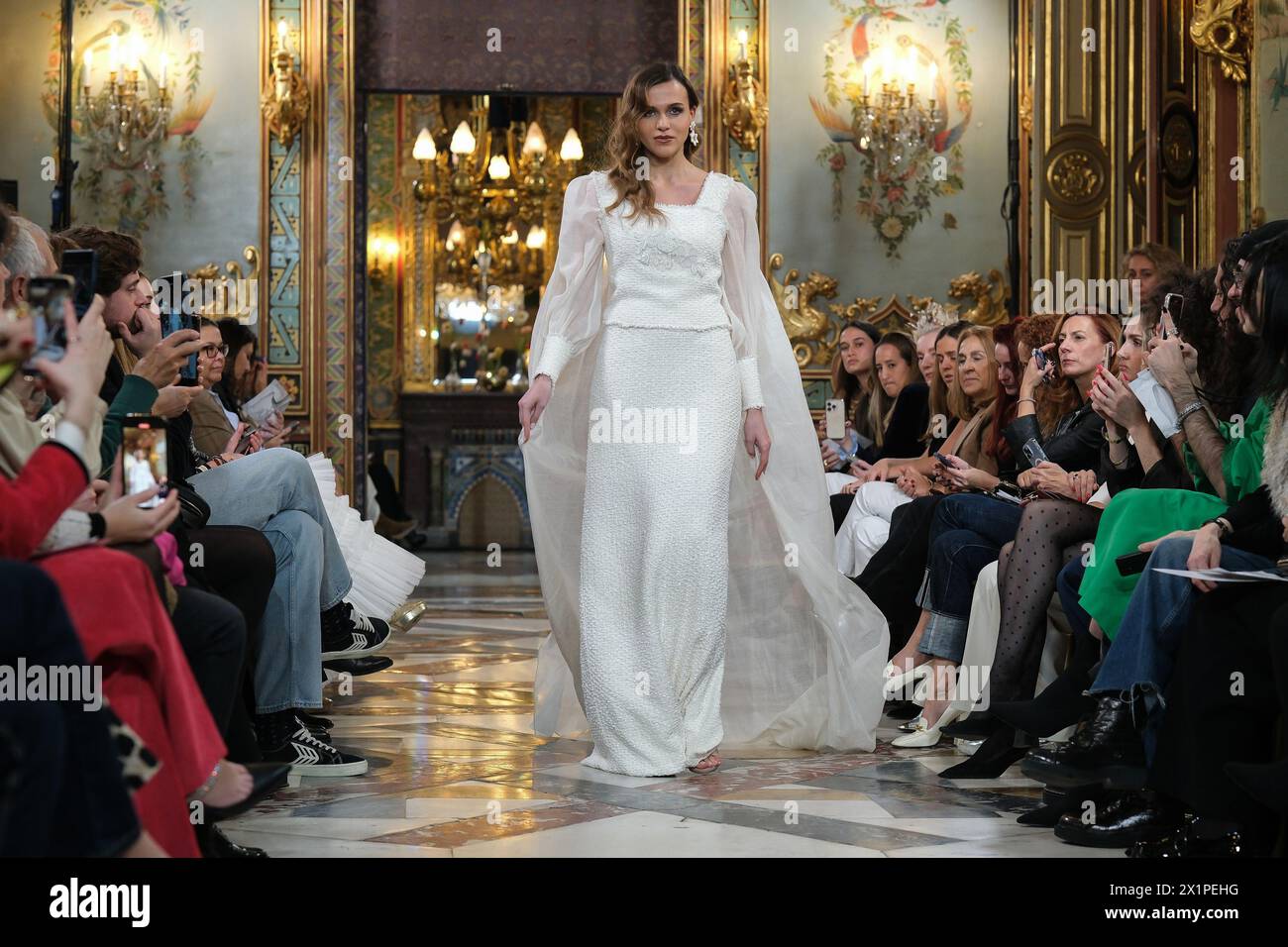 model showcases creations by SARA OMATOS during the Atelier Couture bridal catwalk within Madrid Fashion Week, at Santa Isabel Palace in Madrid. marzo, 2024 Spain Featuring: model Where: Madrid, Spain When: 12 Mar 2024 Credit: Oscar Gonzalez/WENN Stock Photo