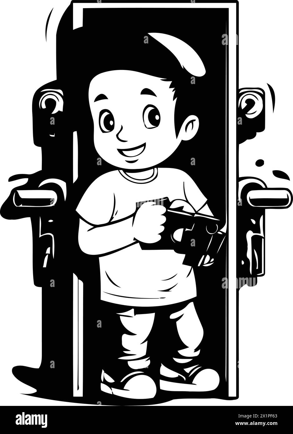 Boy Holding A Camera In Front Of The Door. Vector Illustration Stock 