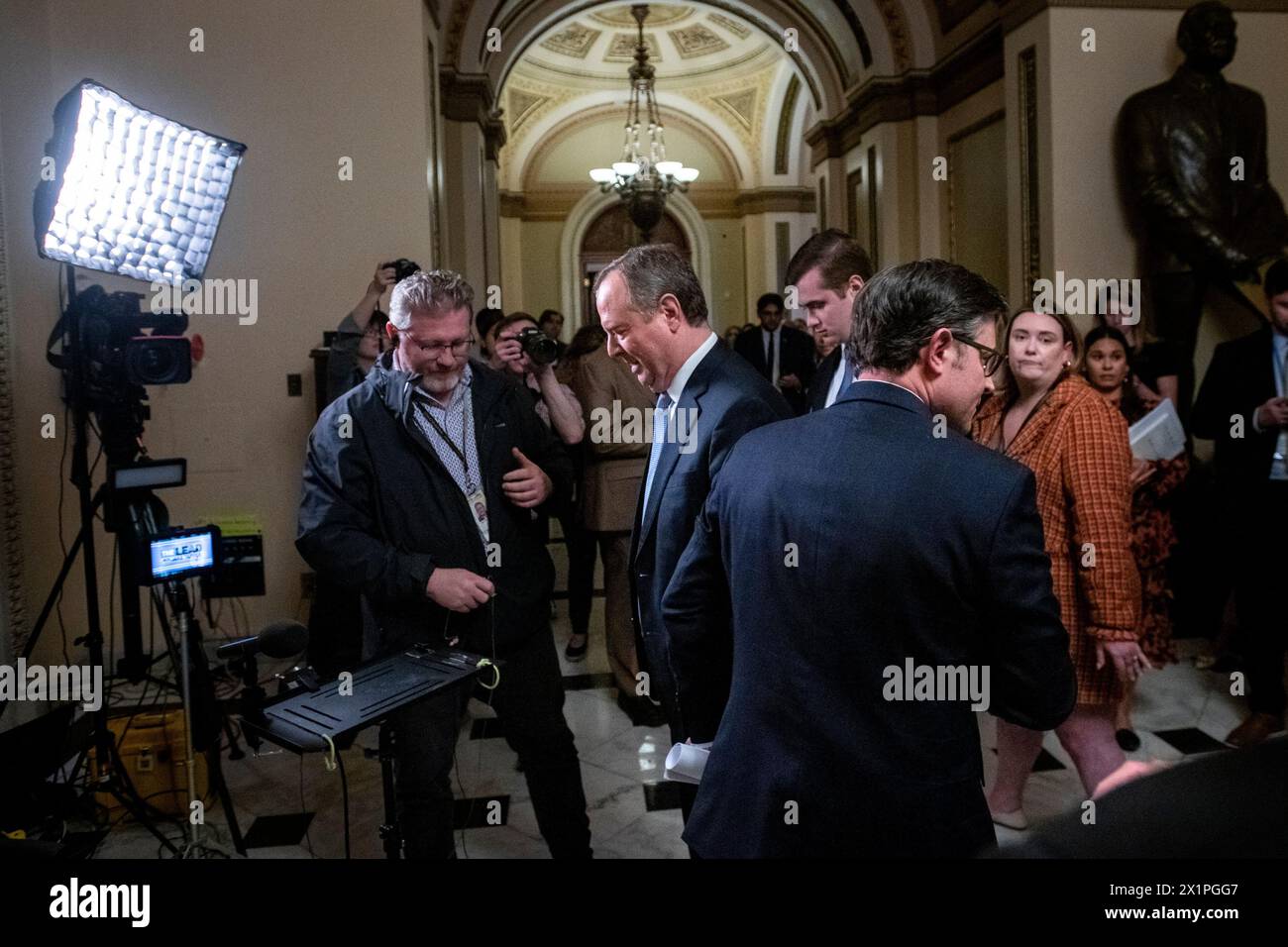 Washington, United States Of America. 17th Apr, 2024. Speaker of the US House of Representatives Mike Johnson (Republican of Louisiana), left, bumps into United States Representative Adam Schiff (Democrat of California) during their television interviews, after the House impeachment of United States Secretary of Homeland Security Alejandro Mayorkas was defeated in the Senate at the US Capitol in Washington, DC, April 17, 2024. Credit: Rod Lamkey/CNP/Sipa USA Credit: Sipa USA/Alamy Live News Stock Photo