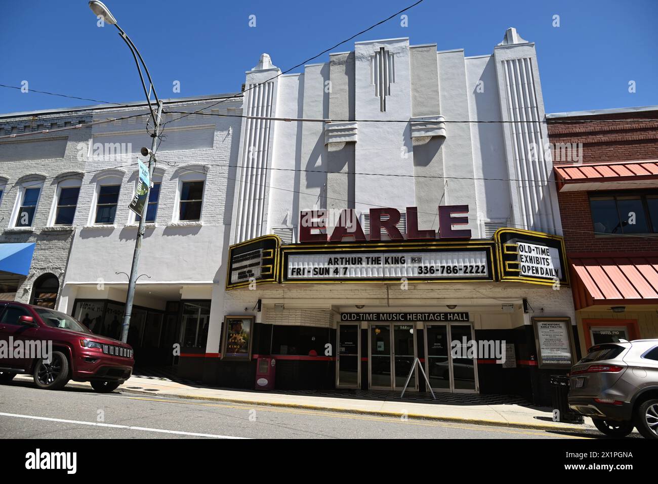 Outside the historic Earle Theater in downtown Mount Airy, North Carolina Stock Photo