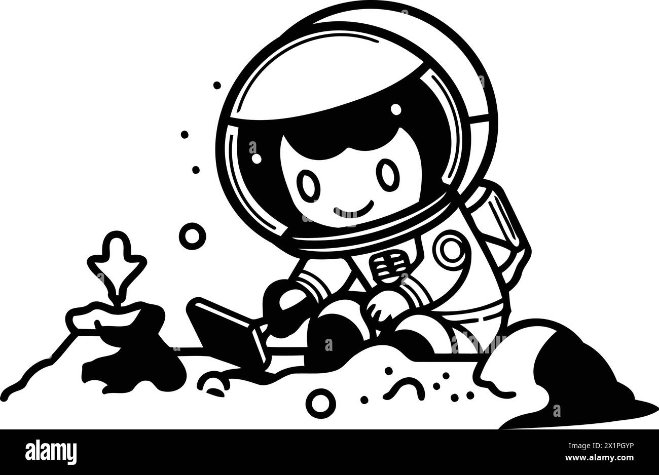 Cartoon astronaut using a tablet computer in the desert. Vector