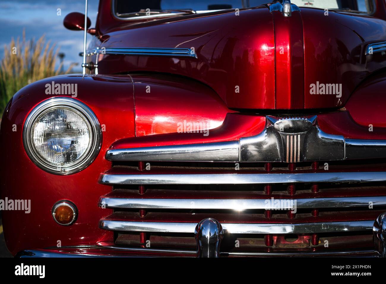 Close-up of the front of an old American pickup truck. Stock Photo