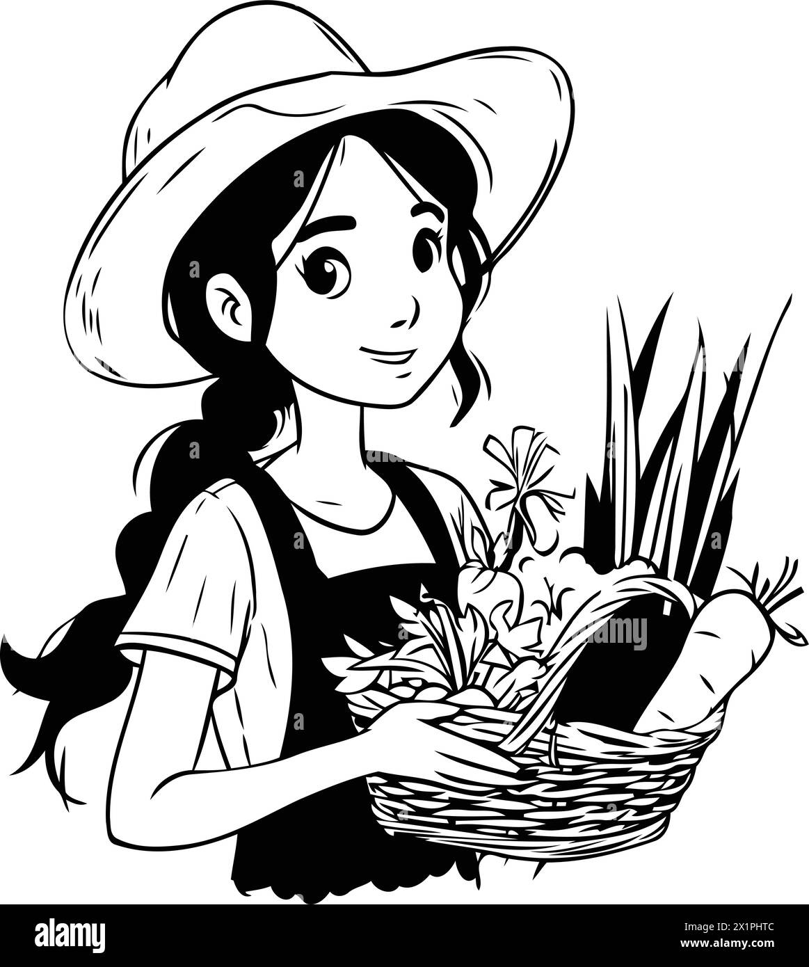 Woman farmer with basket of carrots. Vector illustration in cartoon style. Stock Vector