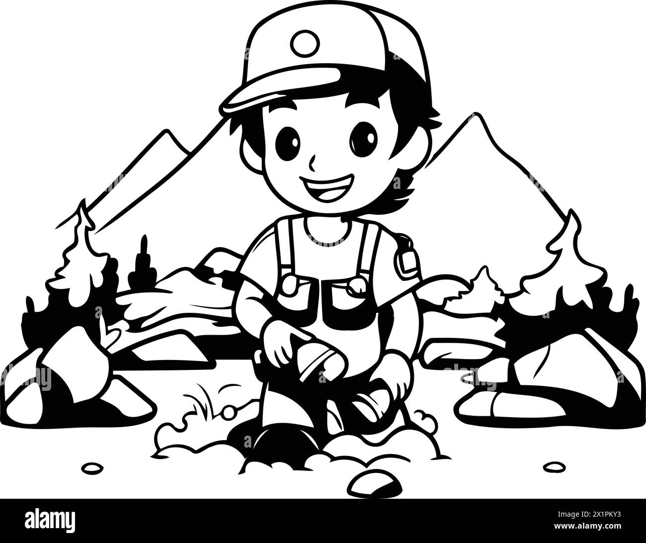 Cartoon illustration of a little boy fishing in a mountain river Stock