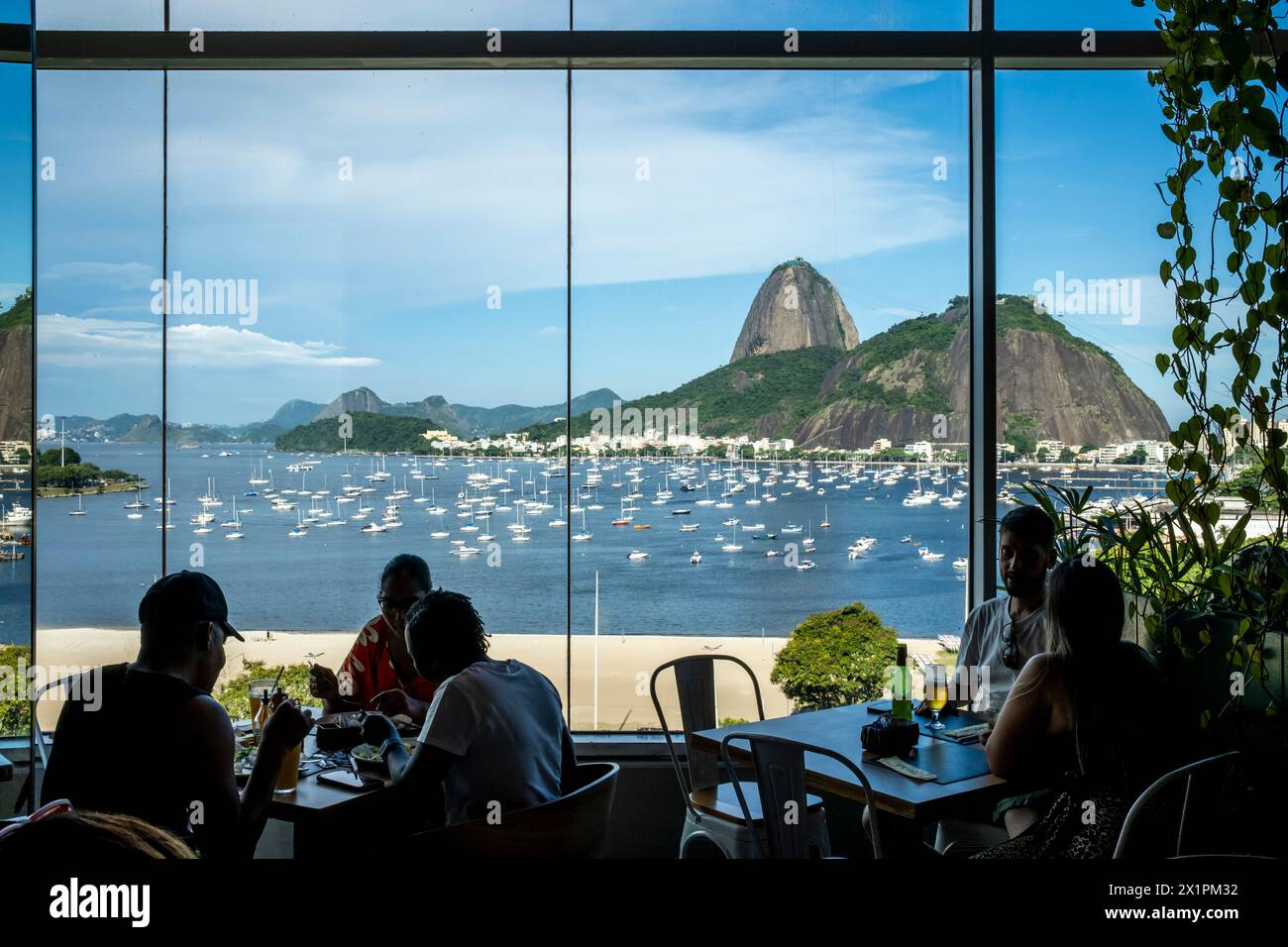 Views of Botafogo Bay and Sugarloaf Mountain From The Cafe at The Botafogo Praia Shopping Centre, Rio de Janeiro, Brasil. Stock Photo
