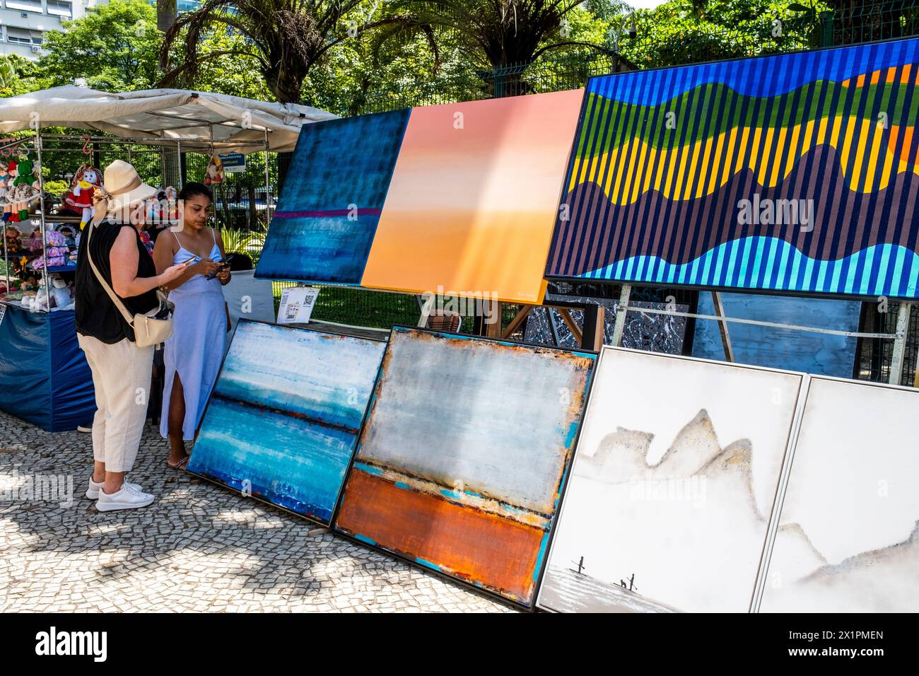 Art For Sale At The Ipanema Sunday Market (Hippie Fair), Rio de Janeiro, Rio de Janeiro State, Brasil. Stock Photo
