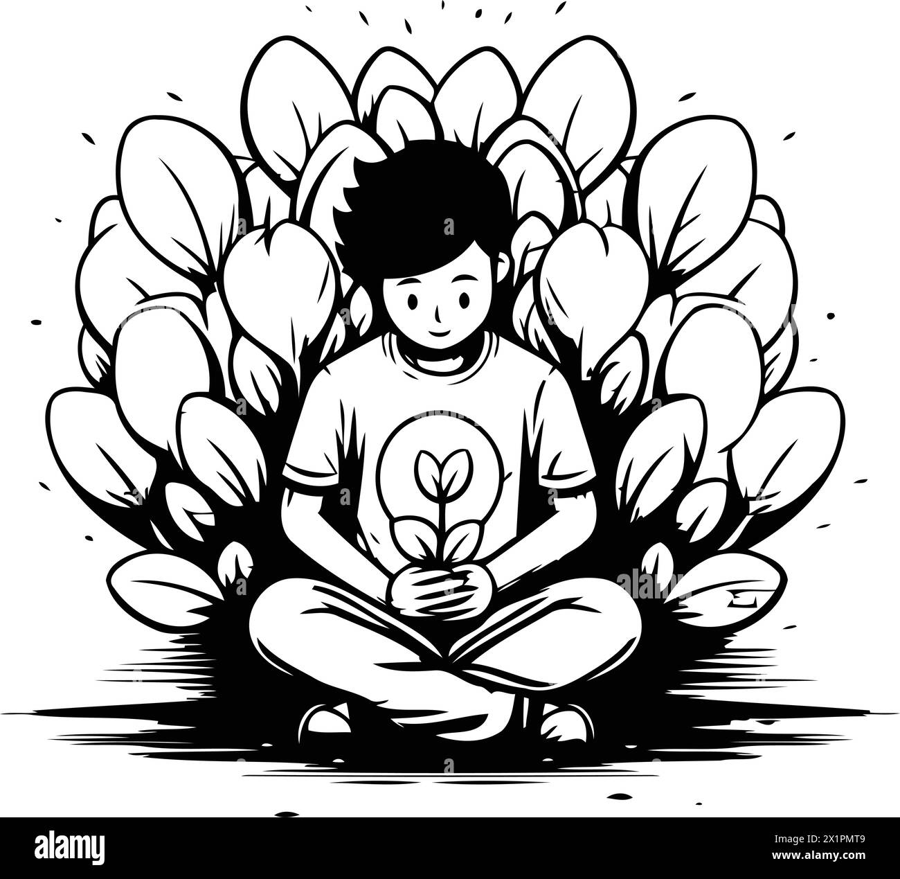 Young man sitting in the lotus position and holding a plant in his ...