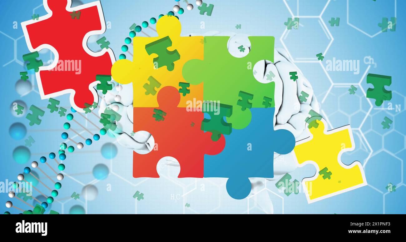 Colorful puzzle pieces fitting together represent solving problem Stock Photo