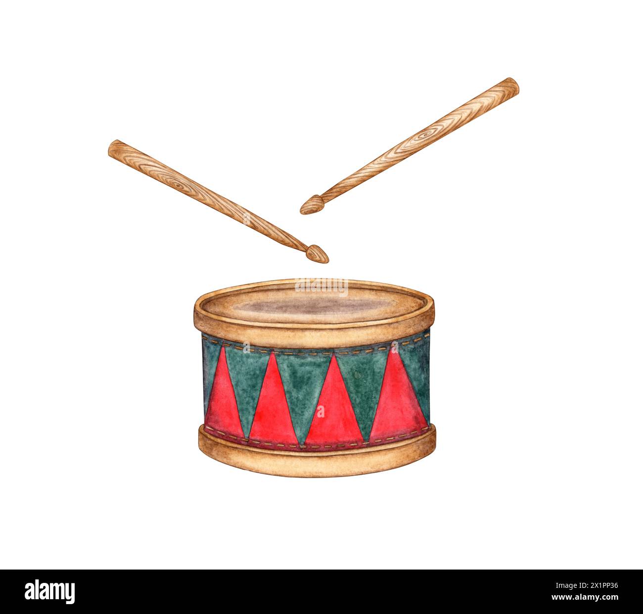 Watercolor illustration of a red and green drum and stick isolated from ...