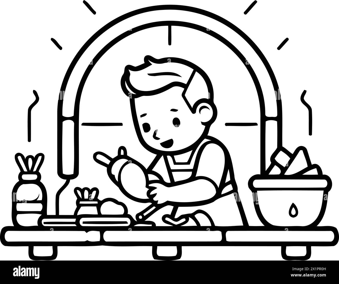 Cute little boy cooking in the kitchen. Vector illustration in cartoon style. Stock Vector