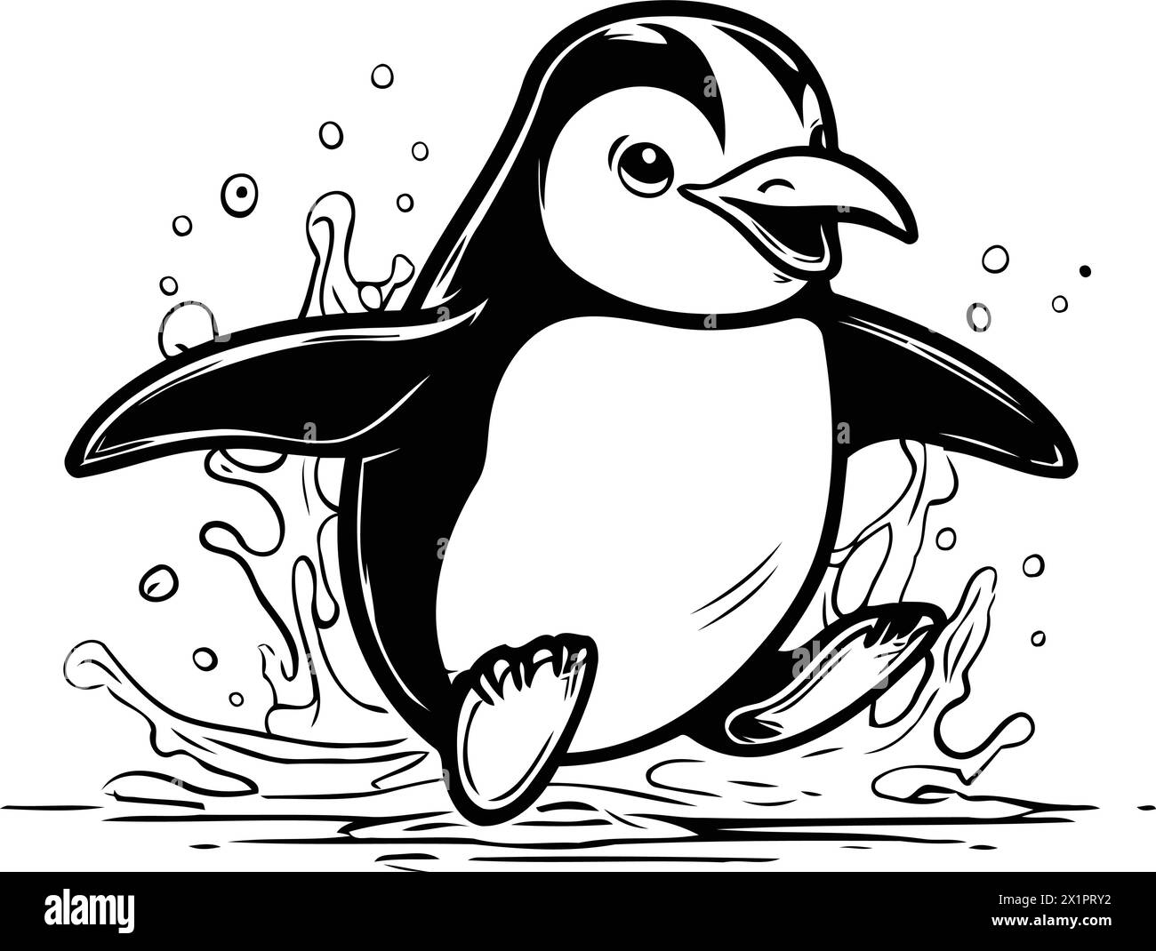 Cute penguin with splashes of water. Vector illustration Stock Vector