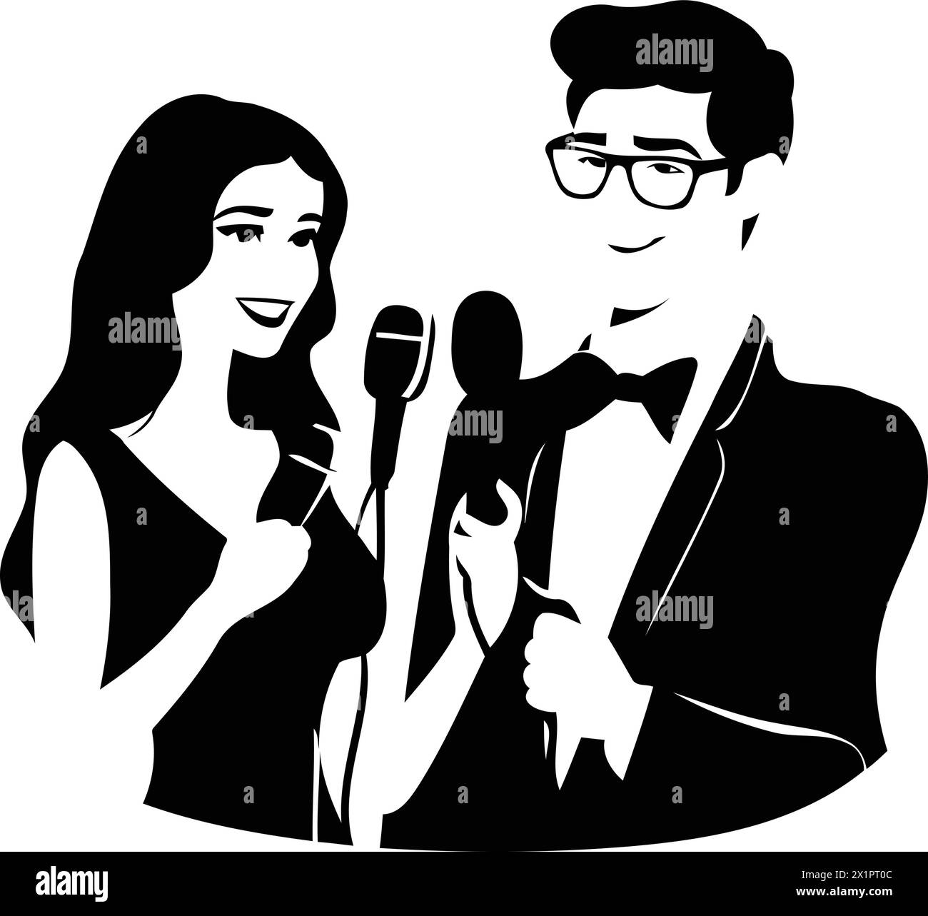 Couple of radio hosts with microphones. Vector illustration in cartoon style Stock Vector