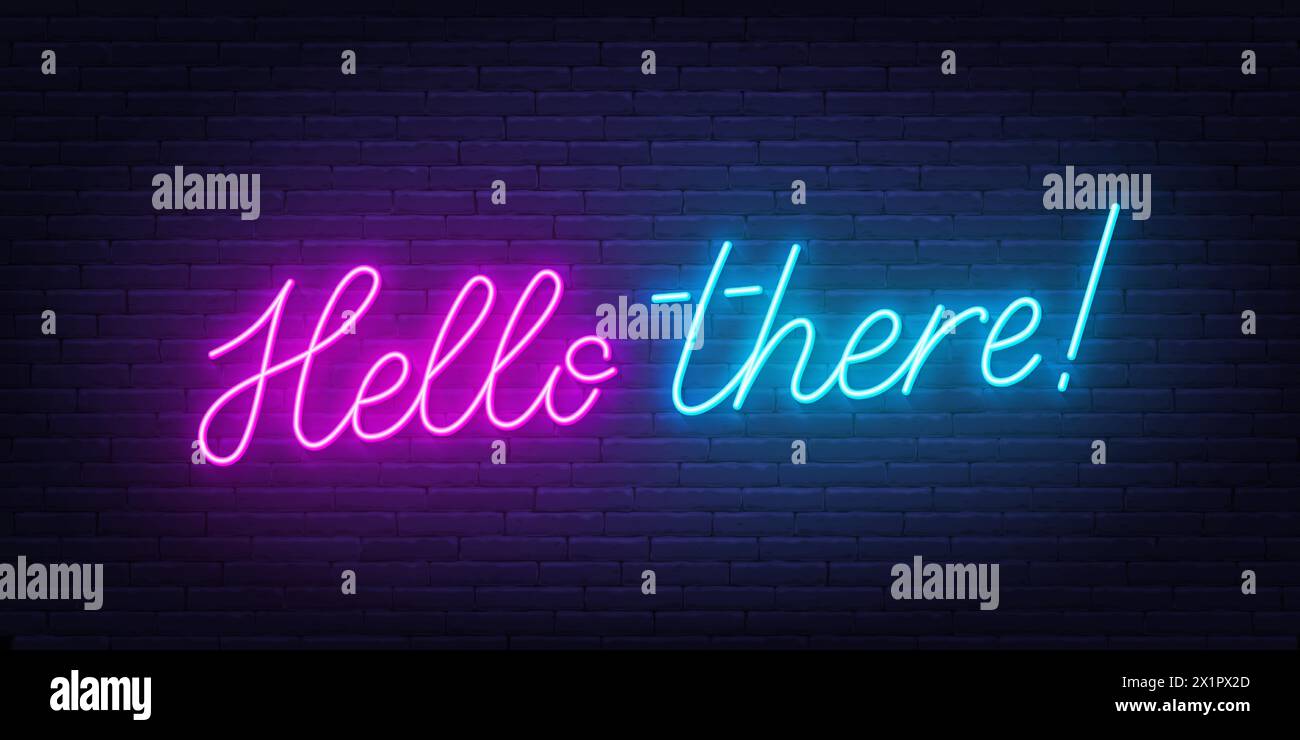 Hello There neon sign on brick wall background Stock Vector