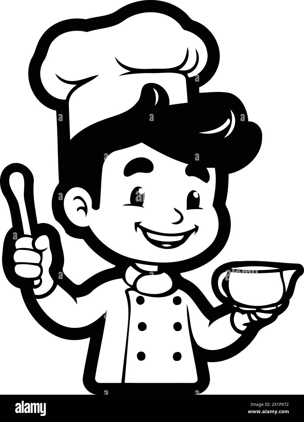 Cartoon chef boy with spoon and ladle. Vector illustration Stock Vector