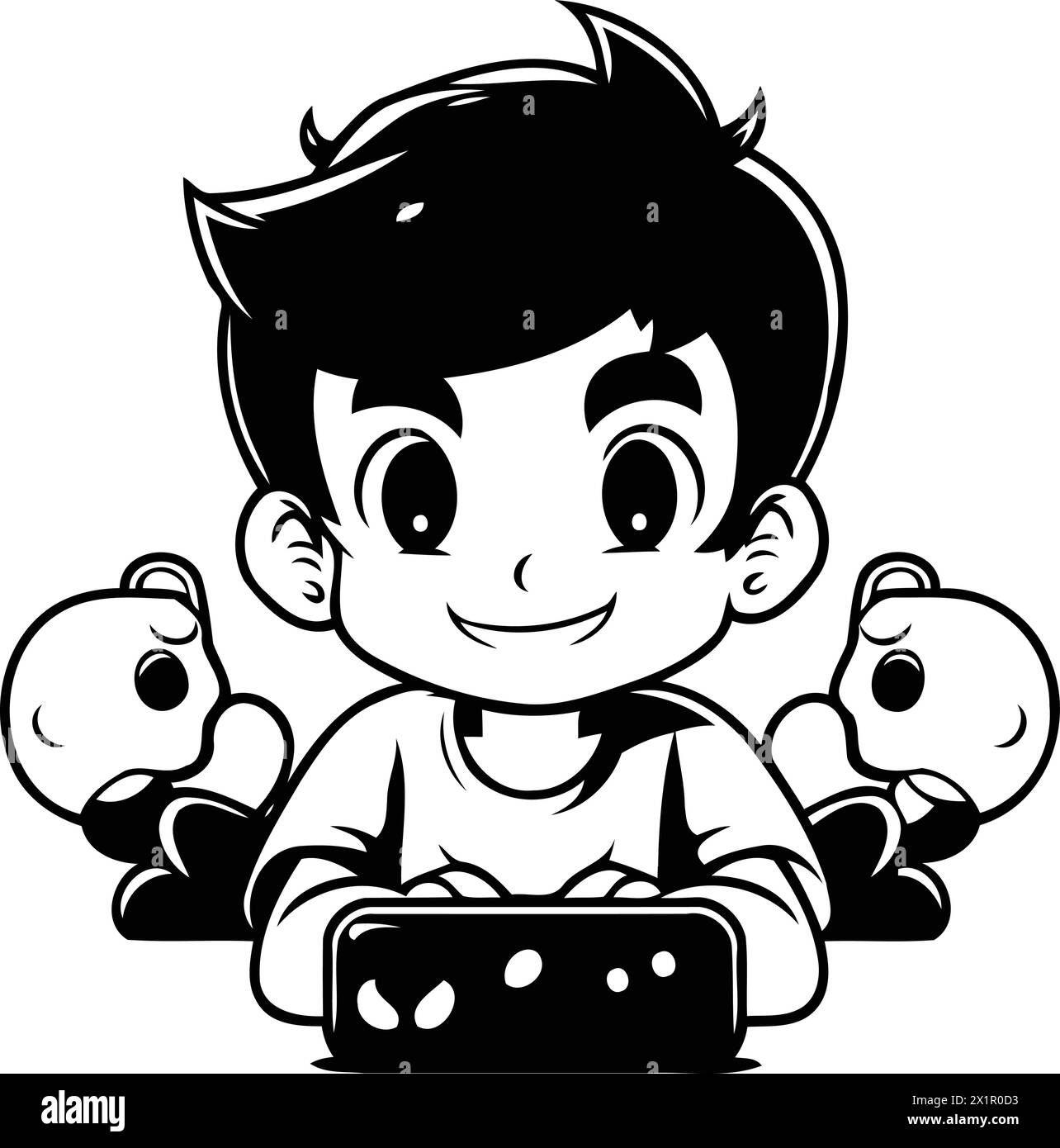 Boy playing video games on tablet pc. Vector illustration isolated on