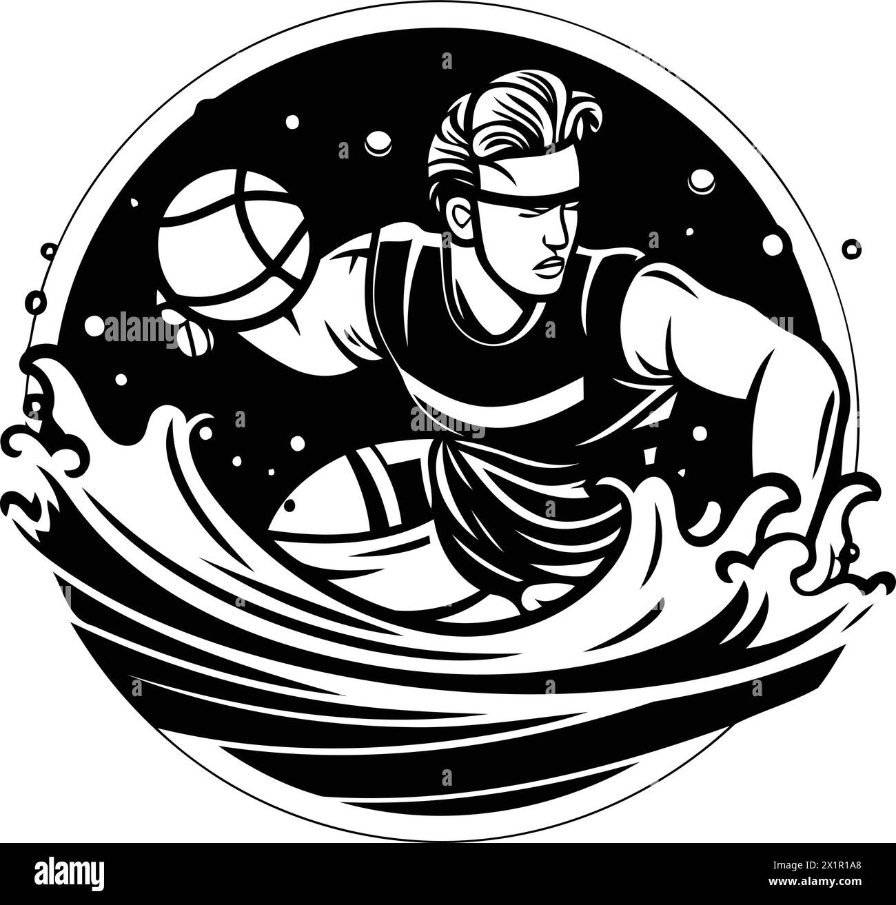 Water polo player with ball and net in the water. Vector illustration ...