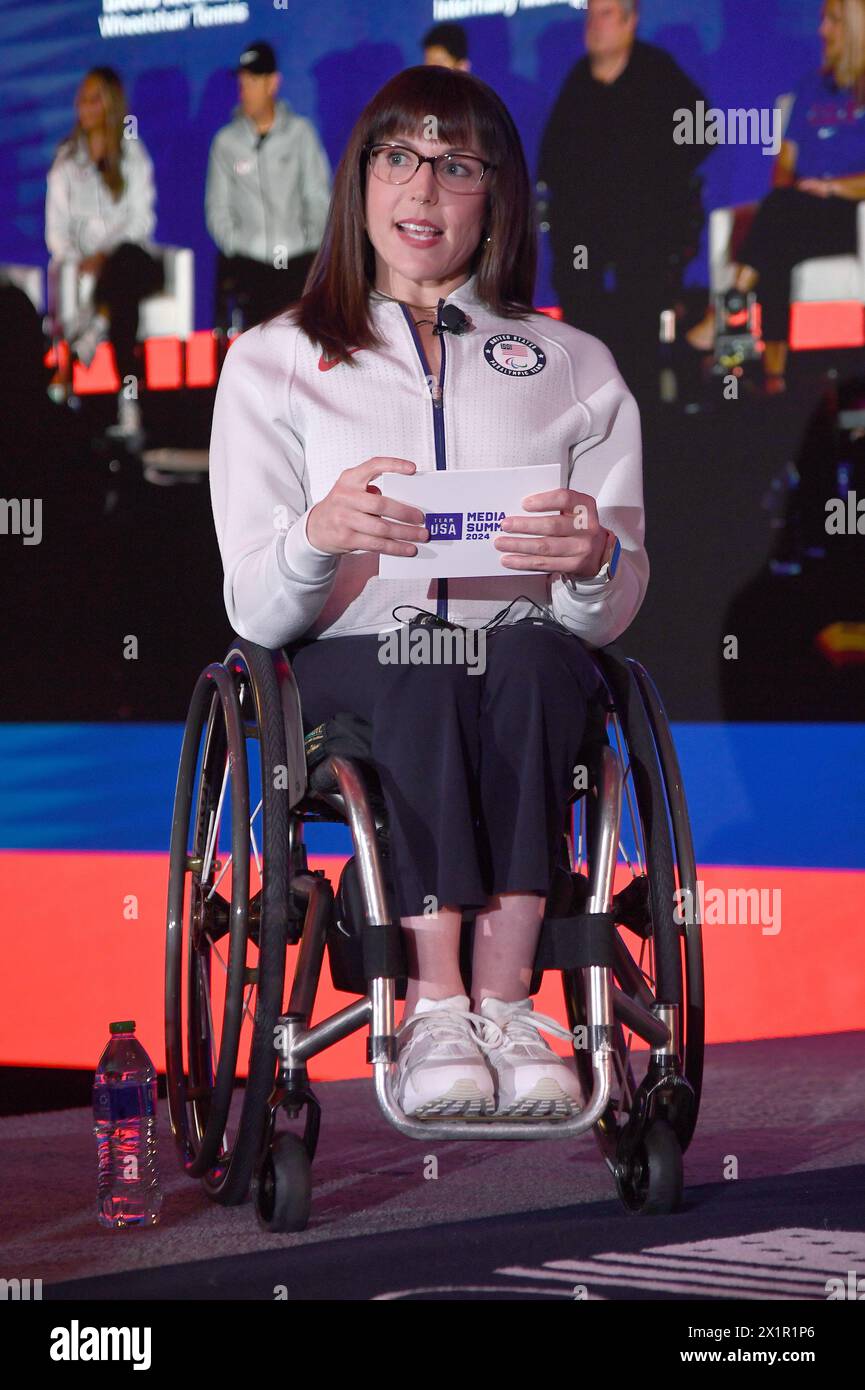 New York, USA. 17th Apr, 2024. Amanda McGrory moderates the Accessibility & Sport Panel at the Team USA Media Summit at Marriott Marquis Hotel, New York, NY, April 17, 2024. (Photo by Anthony Behar/Sipa USA) Credit: Sipa USA/Alamy Live News Stock Photo