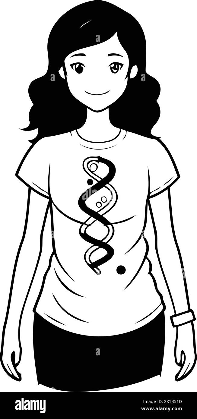 Illustration of a woman wearing a white T-shirt with a caduceus. Stock Vector
