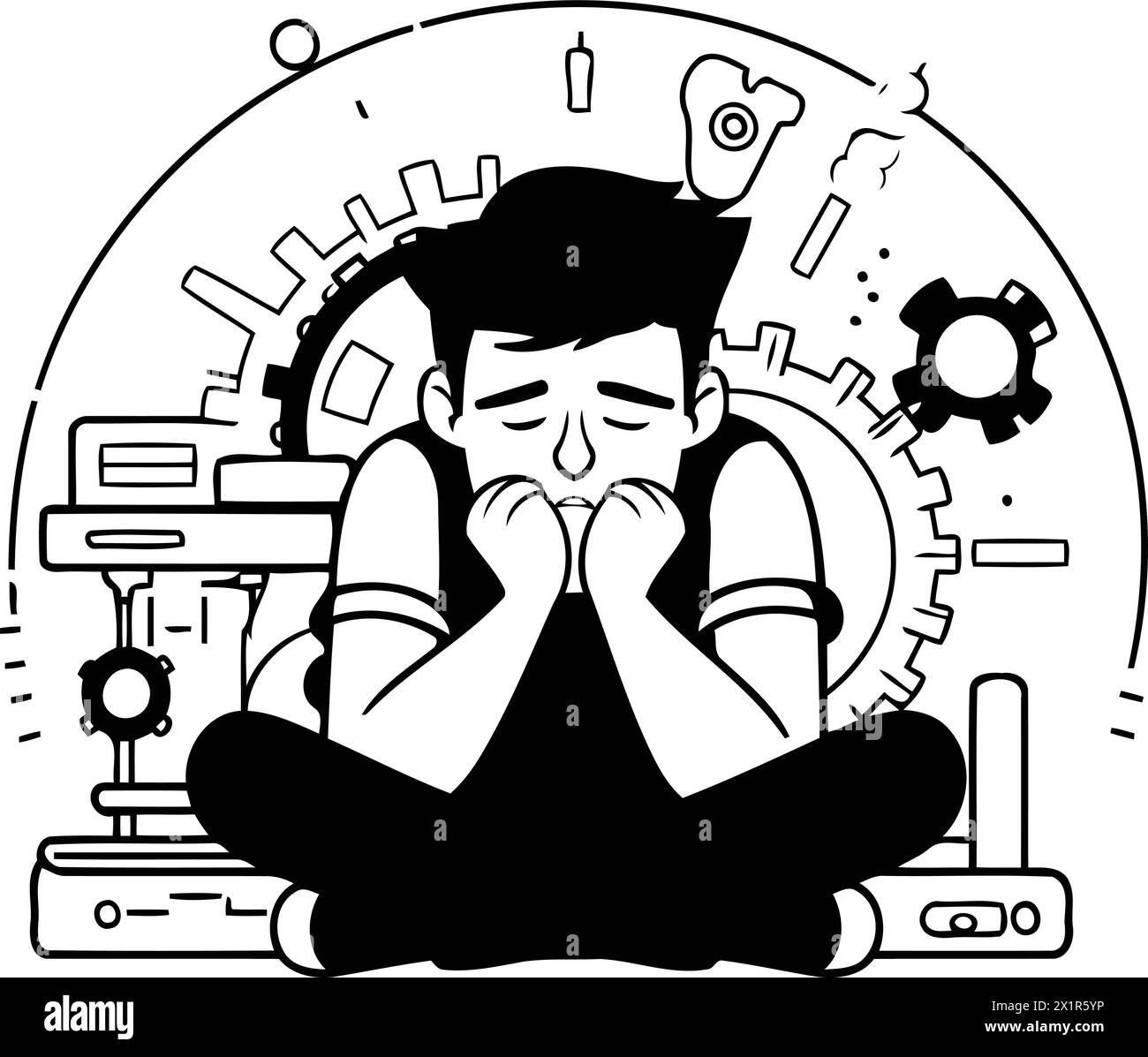 Sad man sitting on the floor in front of industrial equipment. Vector illustration. Stock Vector