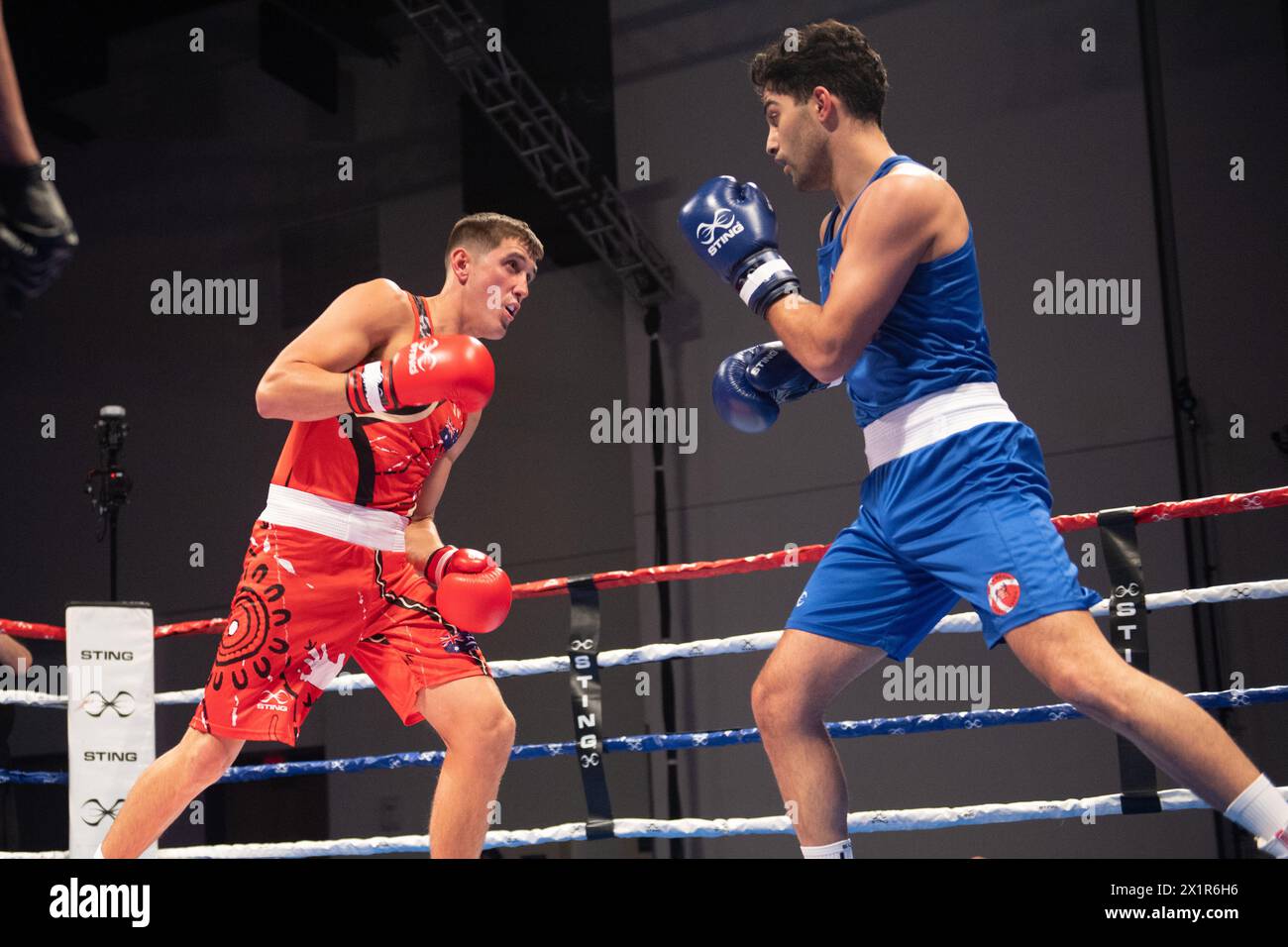 Pueblo, Colorado, USA. 17th Apr, 2024. Nikolai Terteryan(Blue) of Denmark defeats Shannan Davey of Australia in a men's 71 kg preliminary bout. Credit: Casey B. Gibson/Alamy Live News Stock Photo
