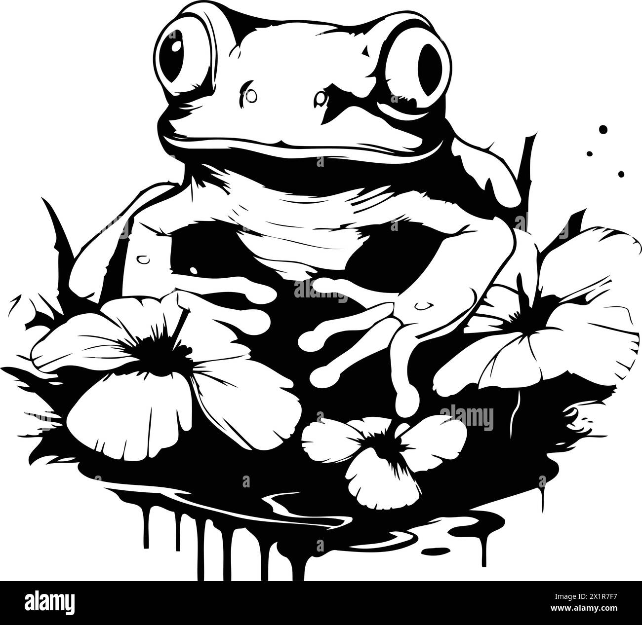 Frog with flowers. Vector illustration of a green frog with flowers. Stock Vector