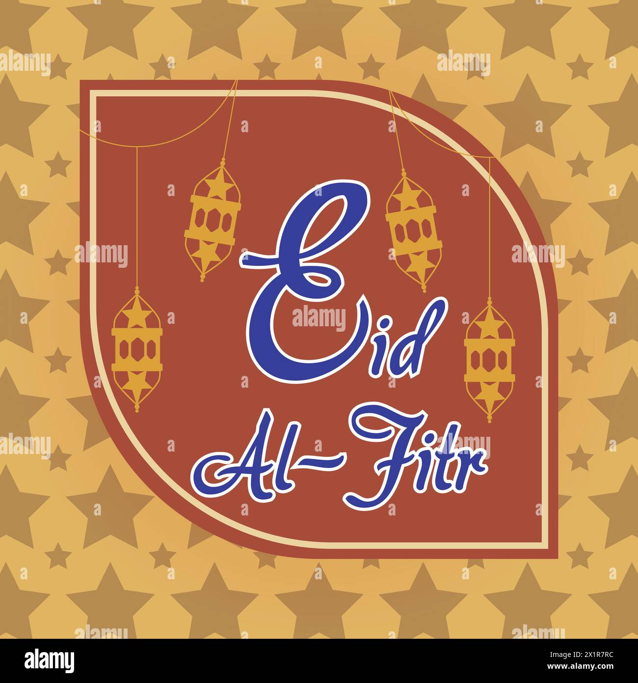Celebrate the joyous occasion of Eid Al-Fitr with this elegant vector! A radiant crescent moon and intricate lantern adorn a royal blue backdrop, fram Stock Vector