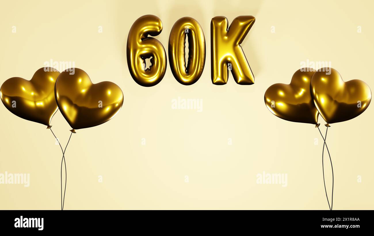 60k , 60000 followers subscribers likes celebration background with golden heart shaped helium air balloons and balloon texts on pink background 8k. Stock Photo