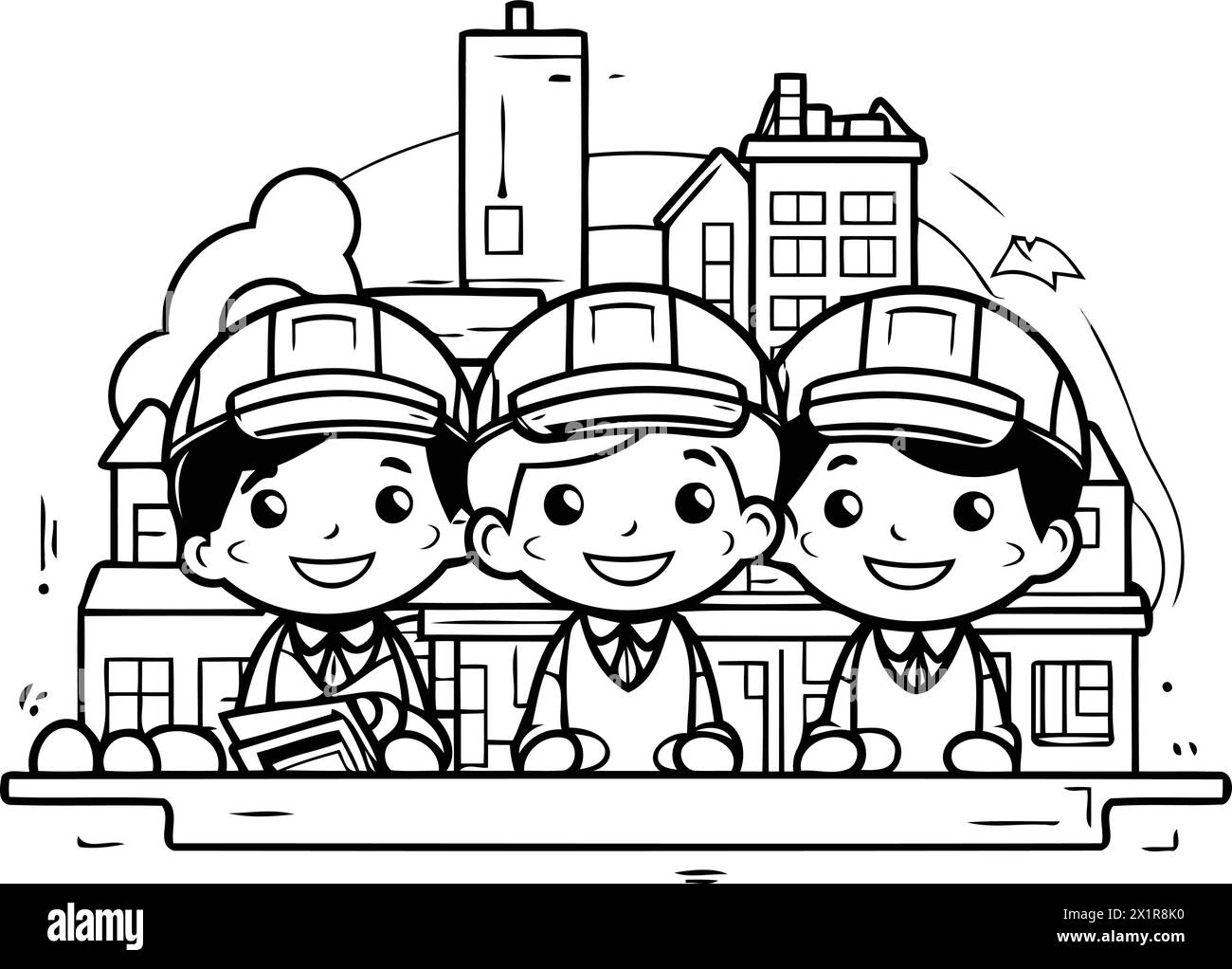 Construction workers in front of the building. Vector illustration of