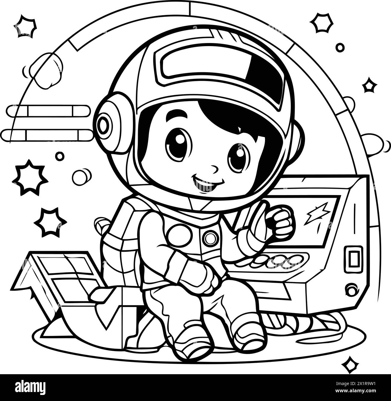 Illustration of a Cute Kid Boy Wearing a Astronaut Helmet Sitting in Front of a Space Station Stock Vector