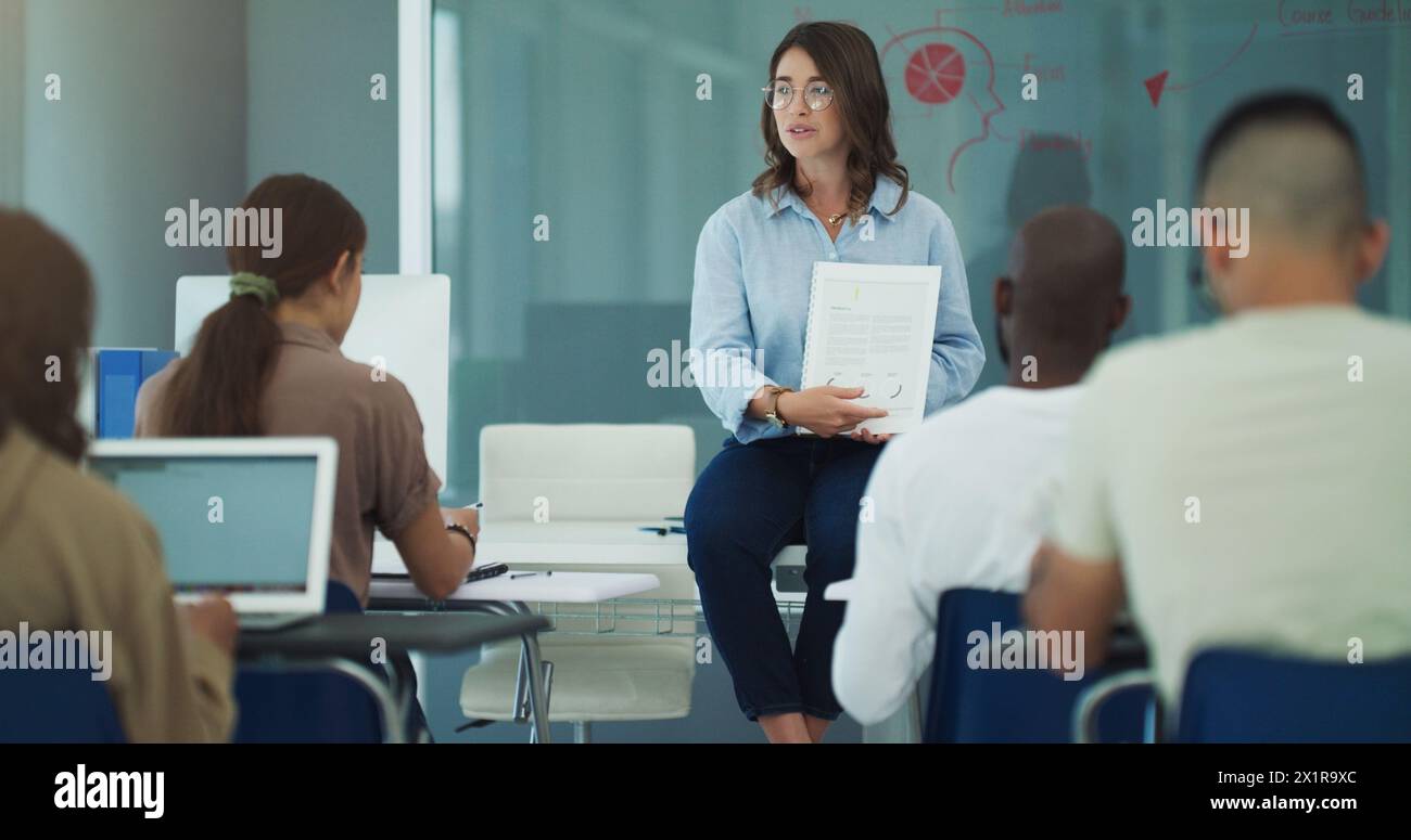 Education, students college professor with documents in classroom for ...