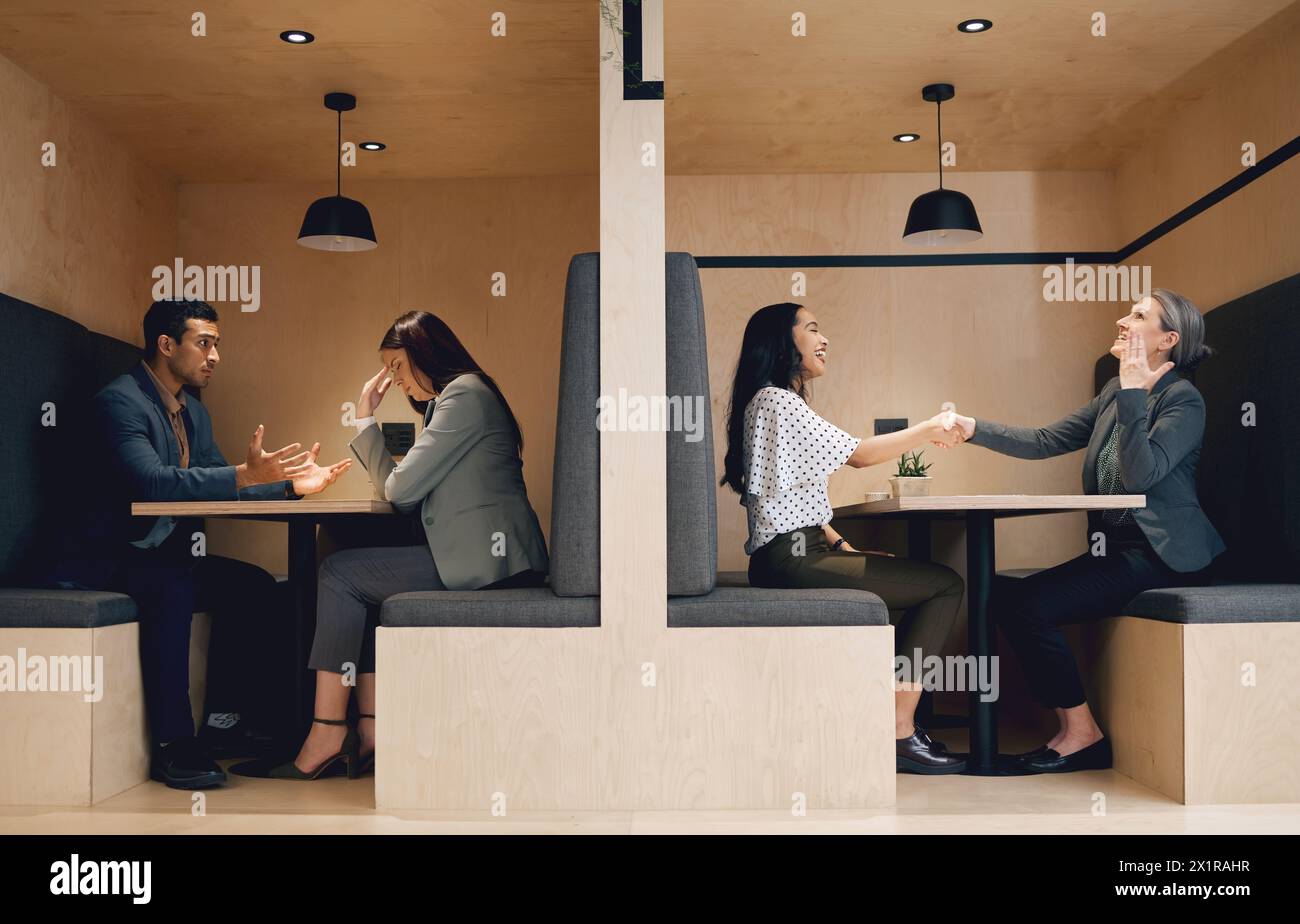 Human resources, fire and hiring at meeting with business people with handshake, deal and sad for lost job. Manager, hr and recruitment with women Stock Photo