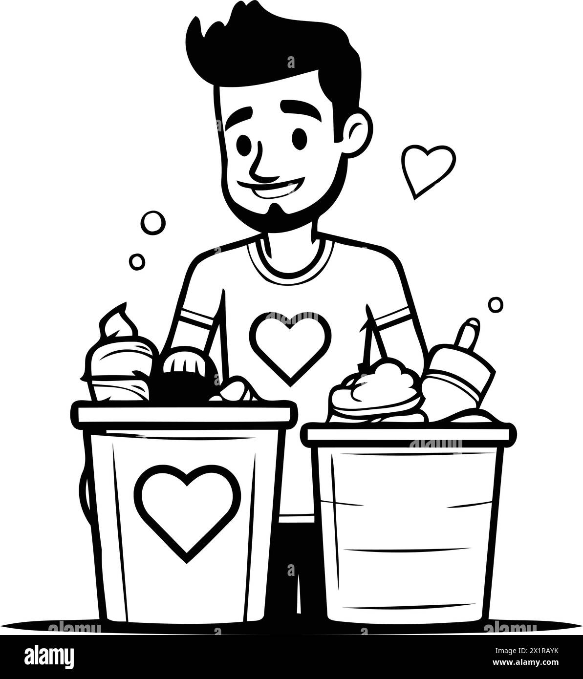 Man throwing trash in the trash can. Vector illustration in cartoon