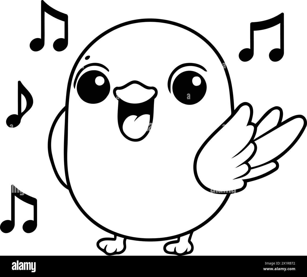 Cute kawaii bird with musical notes. Vector illustration Stock Vector