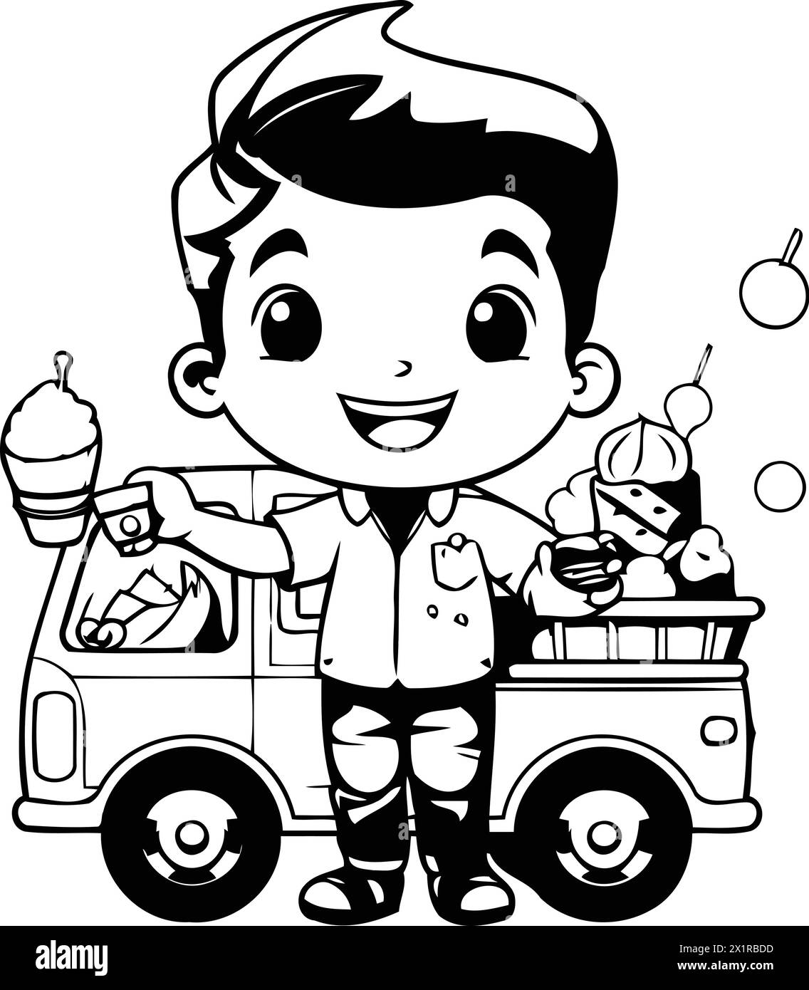 Cute boy with ice cream truck. Vector cartoon character illustration. Stock Vector
