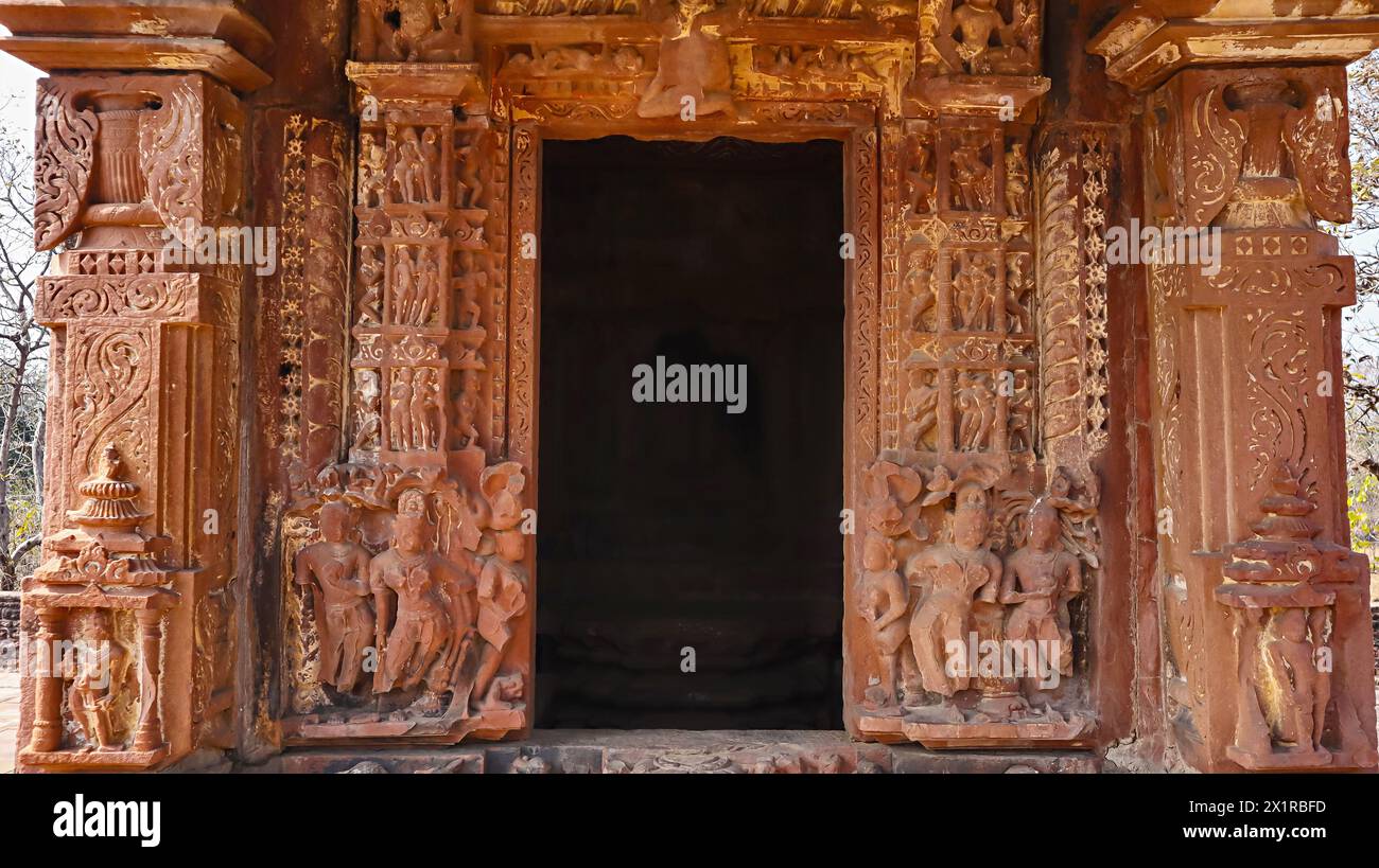 Carved Entrance of Bhandaria Temple also known as Shishu Madia,, Chandela Era Temple, Chandpur, Lalitpur, Uttar Pradesh, India. Stock Photo