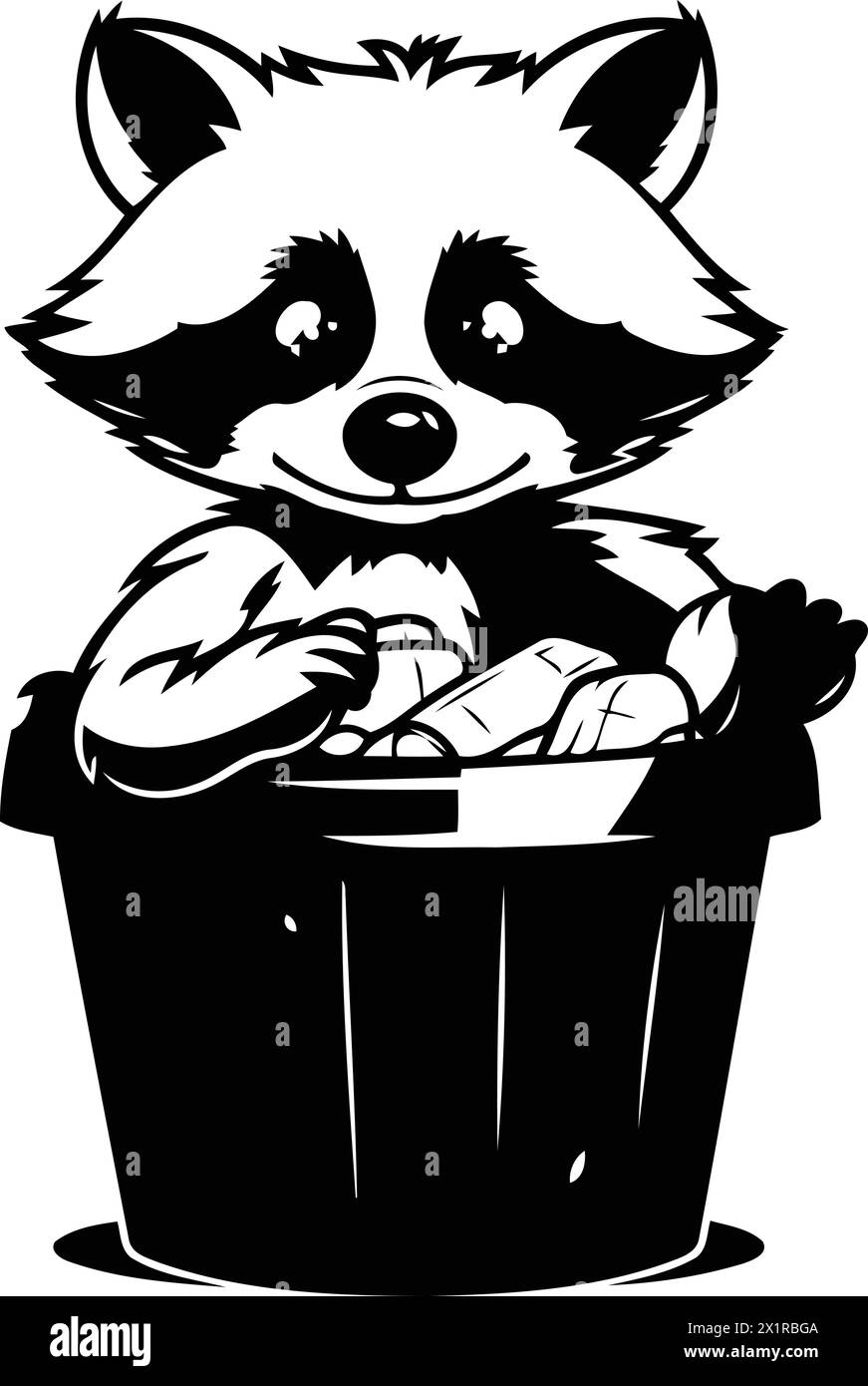 Cute raccoon sitting in a trash can. Vector illustration. Stock Vector