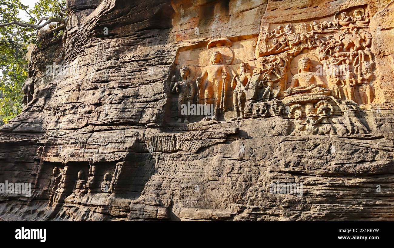 Ancient Buddhist Stories Carved in the Buddhist Cave in the Bank of Betwa River, Deogarh, Lalitpur, Uttar Pradesh, India. Stock Photo