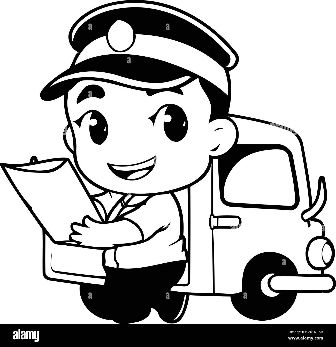 Cute boy in police uniform delivering a letter. Vector character illustration. Stock Vector