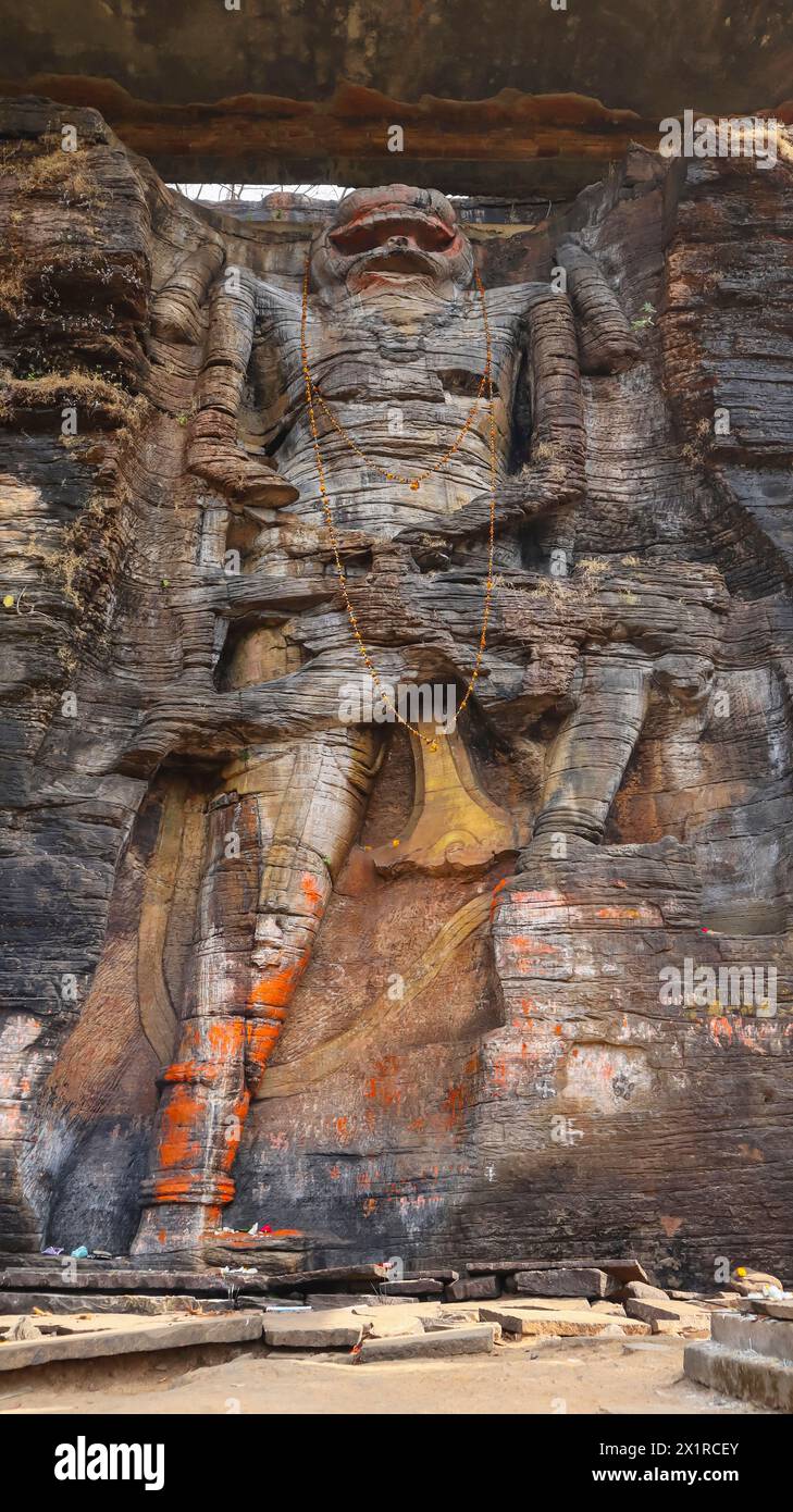 8th Century Ancient Rock Carving Sculpture of Lord Narsimha Near Dudhai, Lalitpur, Uttar Pradesh, India. Stock Photo