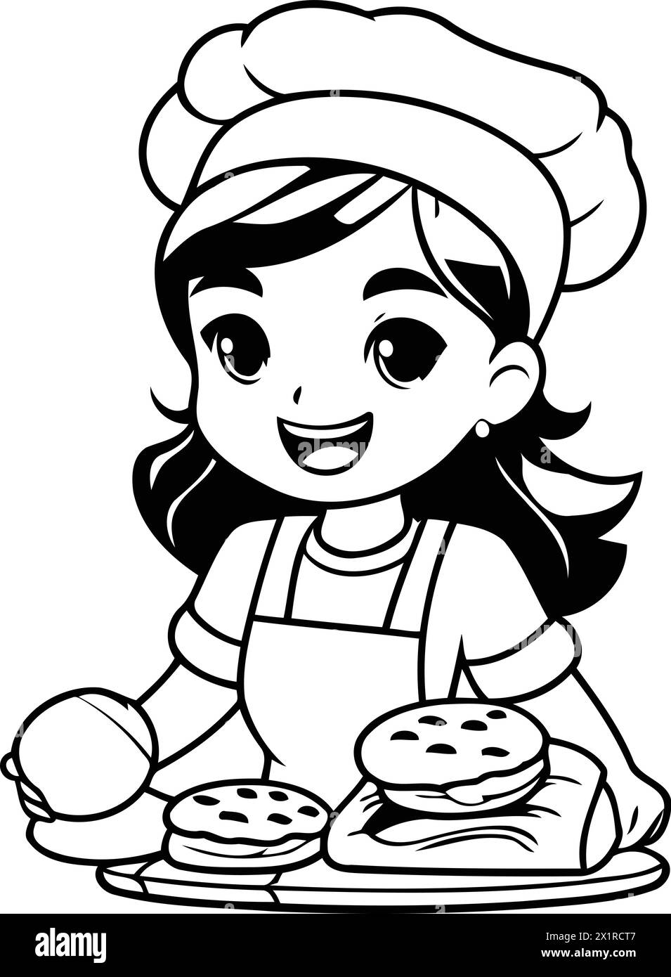 Cute little girl chef with bread and ball. Vector illustration. Stock Vector