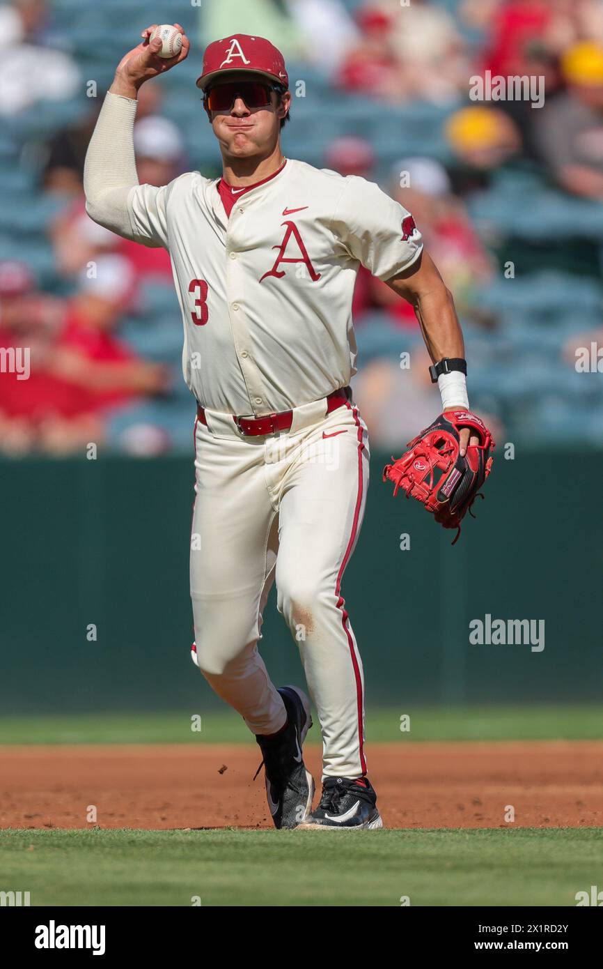 April 17, 2024: Razorback infielder Nolan Souza #3 prepares to make a throw across the infield. Arkansas defeated Texas Tech 5-4 in Fayetteville, AR. Richey Miller/CSM Stock Photo