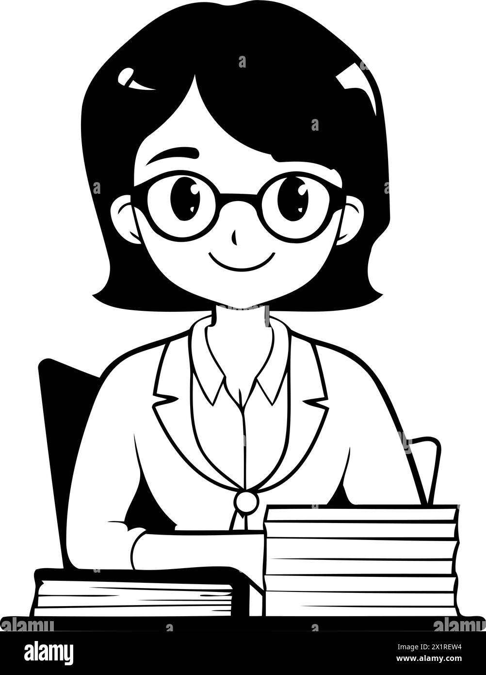 Cartoon female doctor in glasses sitting at the table with books. Vector illustration. Stock Vector